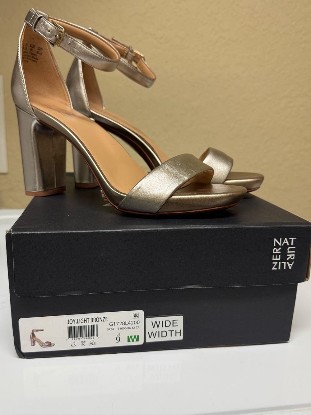 Naturalizer Light Bronze Metallic Block Heel Ankle-Strap Sandals